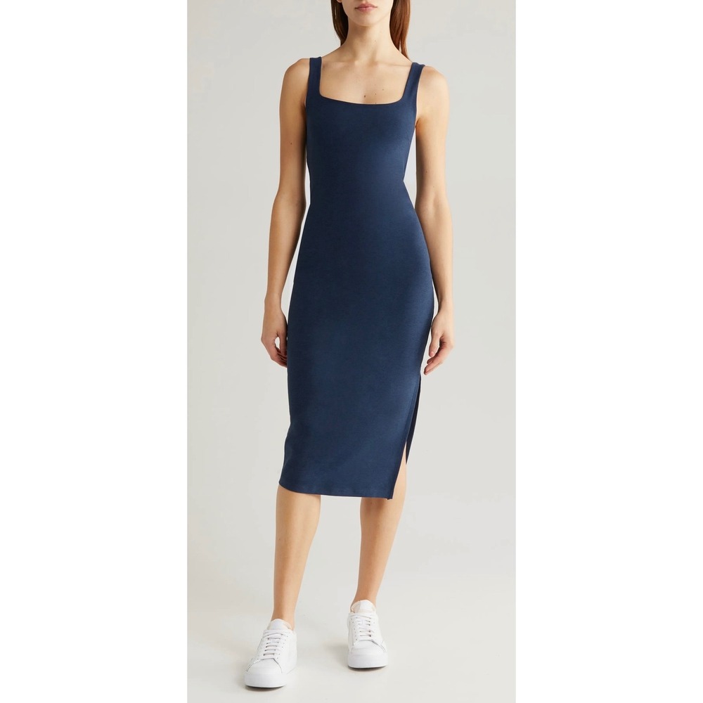 Beyond Yoga Spacedye Square Neck Midi Dress Navy Blue Bodycon Athleisure Slit